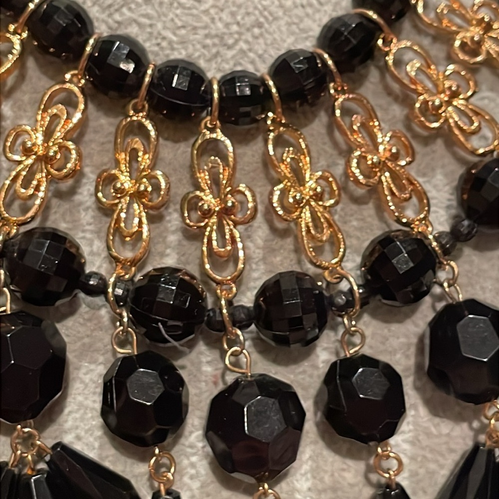 Beaded Cross Necklace Bib Black and Gold Ornate Style 18” plus 3” long